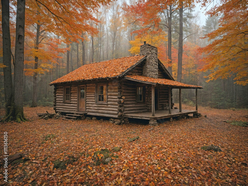 A desolate log cabin surrounded by autumn leaves, its chimney crumbled and roof caved in. photo