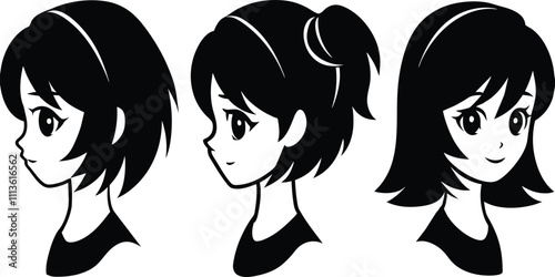 Anime girl heads in side and front views silhouette vector illustration