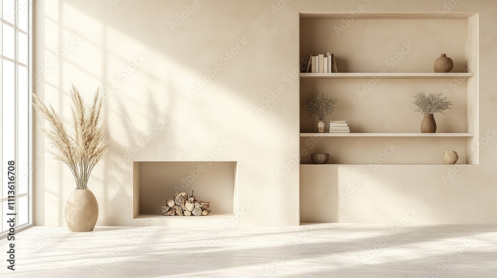 Fototapeta premium Minimalist Beige Room Decor Featuring Built In Shelving