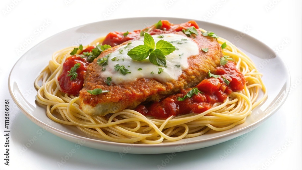 Plate of chicken parmesan with marinara sauce isolated on background, chicken parmesan, Italian food Plate of chicken parmesan with marinara sauce isolated on background, chicken parmesan, Italian food