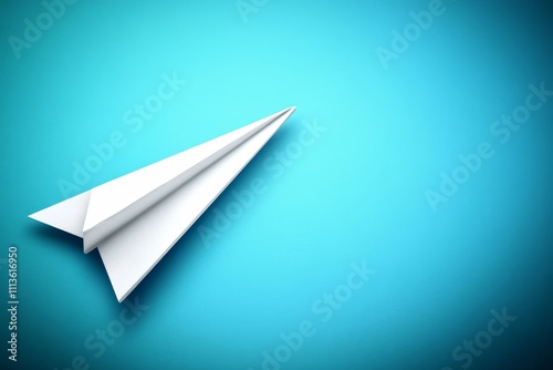 Serene Flight Minimalist White Paper Airplane Soaring in Cyan Sky, Imbuing Simplicity and Innovation for Designs, Travel Concepts, and Children's Illustrations