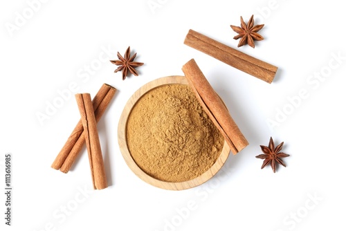 Fototapeta Naklejka Na Ścianę i Meble -  Aromatic cinnamon and anise stars on a white background