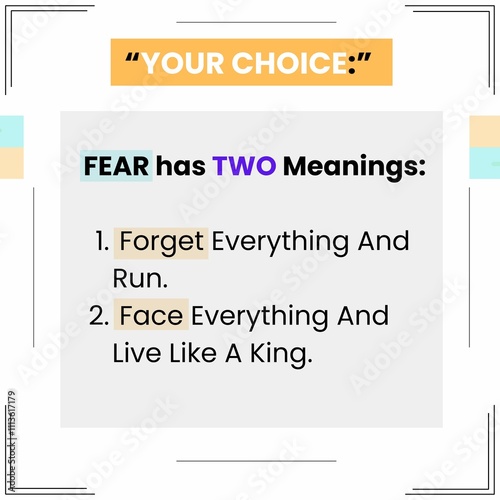 This is a pixel design illustrating the dual meanings of fear, encouraging a choice between running from challenges or facing them boldly to live a life of triumph and courage.