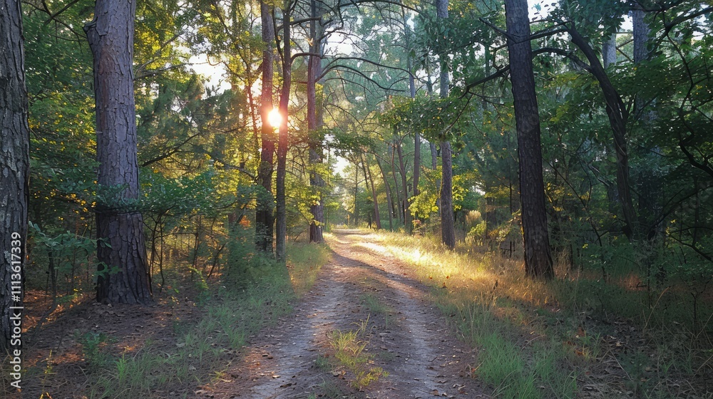 Obraz premium Sunset trail adventure through lush forest path nature photography serene environment warm light viewpoint