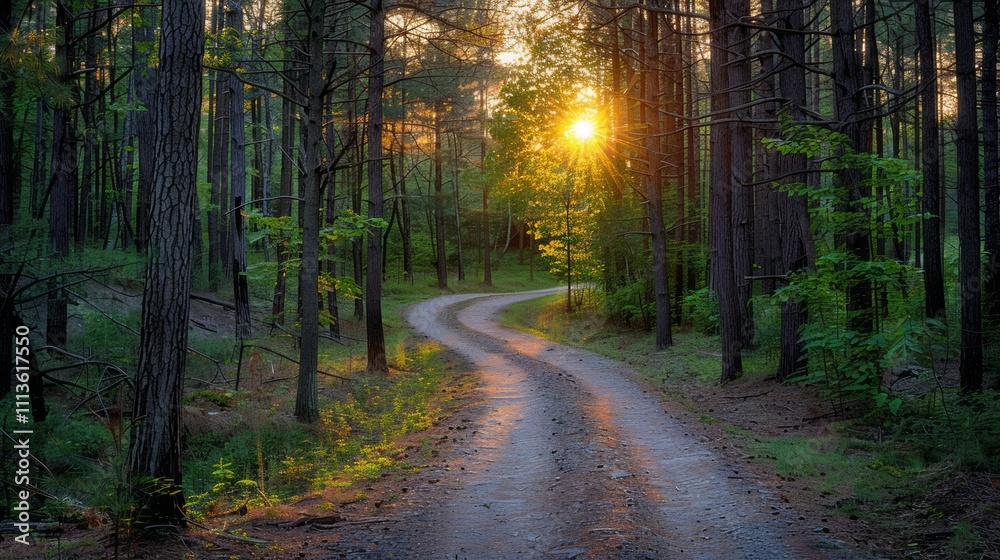 Naklejka premium Sunset illuminating winding path in serene forest nature photography tranquil environment captured viewpoint