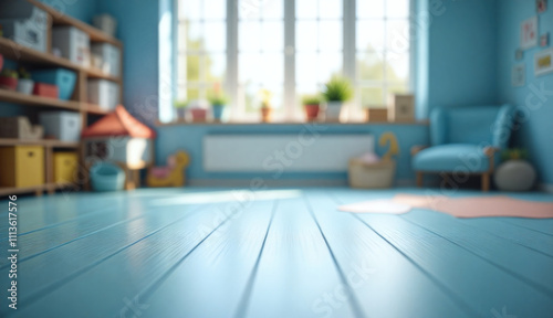 An empty wooden floor against a fuzzy background of a blue kindergarten or child's room. An empty wooden table. Wood desck. Blurred background. Blue children's room with large window. Bg colorful