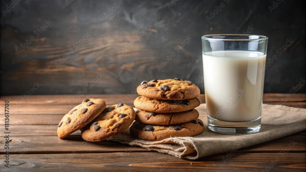 Delicious chocolate chip cookies paired with a glass of fresh milk , snack, treat, dessert, baked goods, indulgence, homemade Delicious chocolate chip cookies paired with a glass of fresh milk , snack, treat, dessert, baked goods, indulgence, homemade