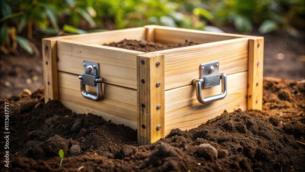 Wooden box with metal latch buried in garden soil , gardening, outdoors, nature, buried, buried treasure, hidden, mystery Wooden box with metal latch buried in garden soil , gardening, outdoors, nature, buried, buried treasure, hidden, mystery