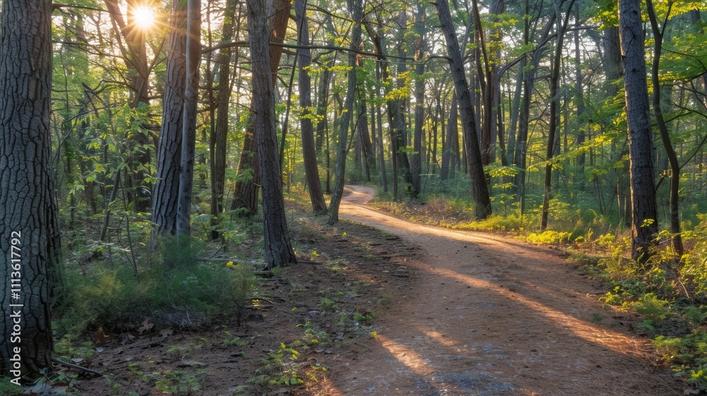 Fototapeta premium Serene morning walk through lush forest pathway nature trail scenic viewpoint tranquil environment for relaxation