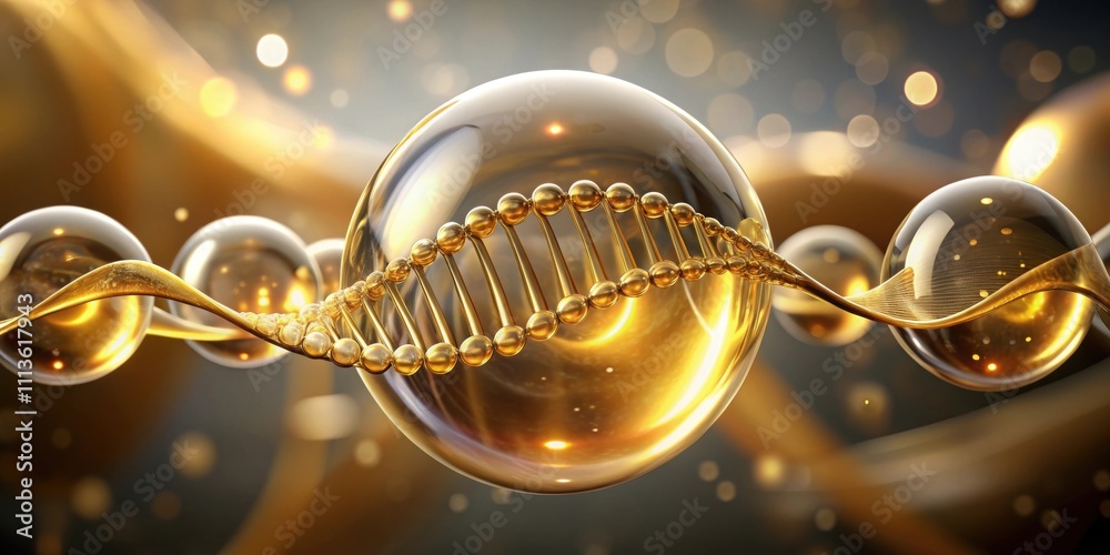 Obraz premium DNA strand intertwined in golden liquid bubble, rendering, DNA, genetics, structure, helix, molecule, biology