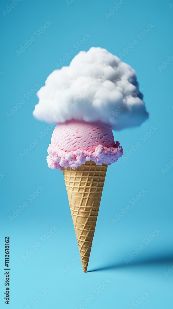 Pink ice cream cone with a cloud on top. The ice cream is melting and the cone is upside down Pink ice cream cone with a cloud on top. The ice cream is melting and the cone is upside down