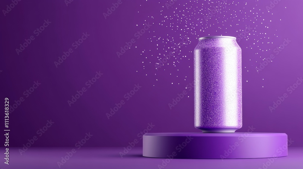 Can of soda is on a purple background with a lot of sparkles. Scene is playful and fun Can of soda is on a purple background with a lot of sparkles. Scene is playful and fun