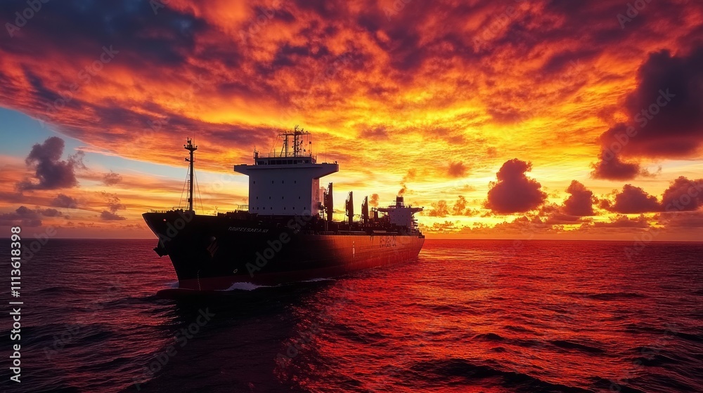 Cargo ship sailing on dramatic ocean at sunset. Cargo ship sailing on dramatic ocean at sunset.