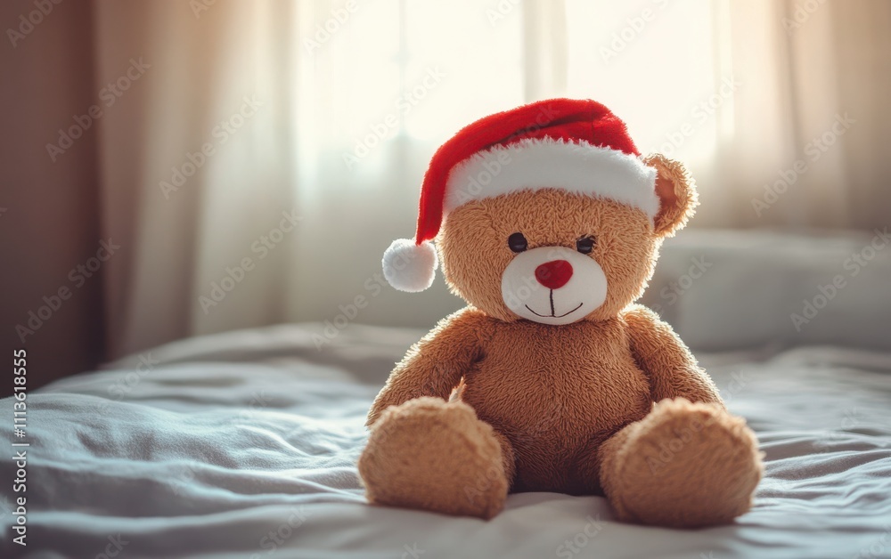 Fototapeta premium A perfectly crafted stock photo of a teddy bear in a Santa-style Christmas hat, sitting upright on a bed, with a dreamy