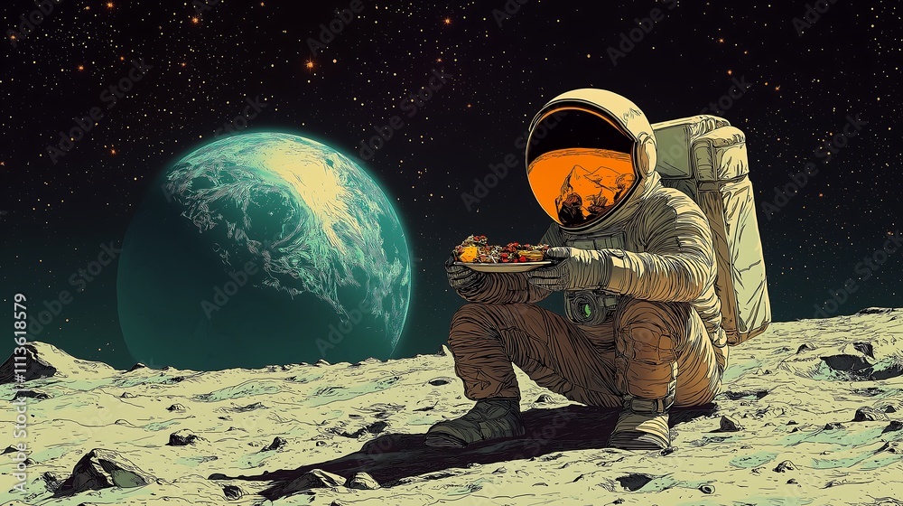 Obraz premium Astronaut having a meal on the moon