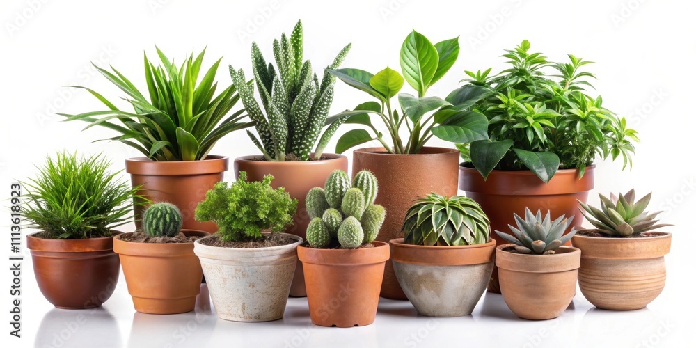 Collection of beautiful plants in ceramic pots isolated on background. render, plants, ceramic pots, collection