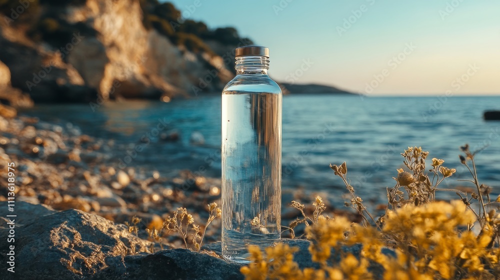 Clear water bottle on a rocky beach at sunset. Clear water bottle on a rocky beach at sunset.