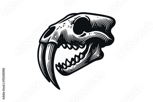 Black-and-white engraving-style line art illustration of a saber-toothed tiger skull with prominent fangs. Highly detailed and isolated on a white background, perfect for scientific or artistic use