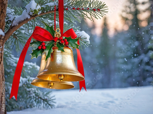 A pair of golden Christmas bells adorned with a red ribbon and sprigs of holly, hanging on a snow-dusted pine branch.