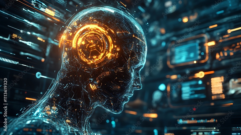 Fototapeta premium Digital Mind: A Wired Humanoid Figure Illuminated by Tech