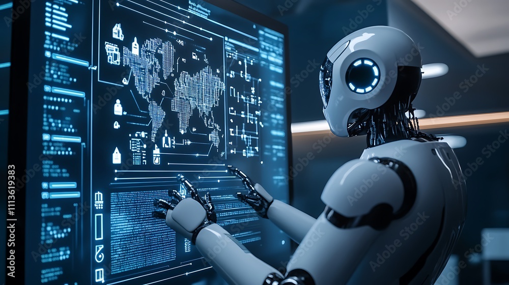 A White Robot Interacts with a Futuristic Interface A White Robot Interacts with a Futuristic Interface