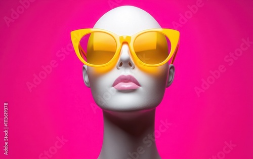 A white mannequin head wearing vibrant yellow glasses, centered against a solid pink background