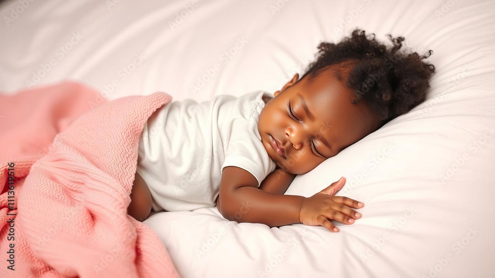 African American baby girl peacefully sleeps on white bed, serenity, cozy African American baby girl peacefully sleeps on white bed, serenity, cozy