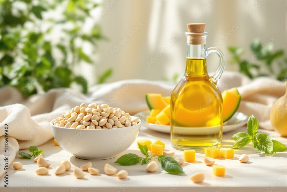 Light and Airy Kitchen Still Life with Pine Nuts, Olive Oil, Fresh Mint, and Ripe Mango Light and Airy Kitchen Still Life with Pine Nuts, Olive Oil, Fresh Mint, and Ripe Mango