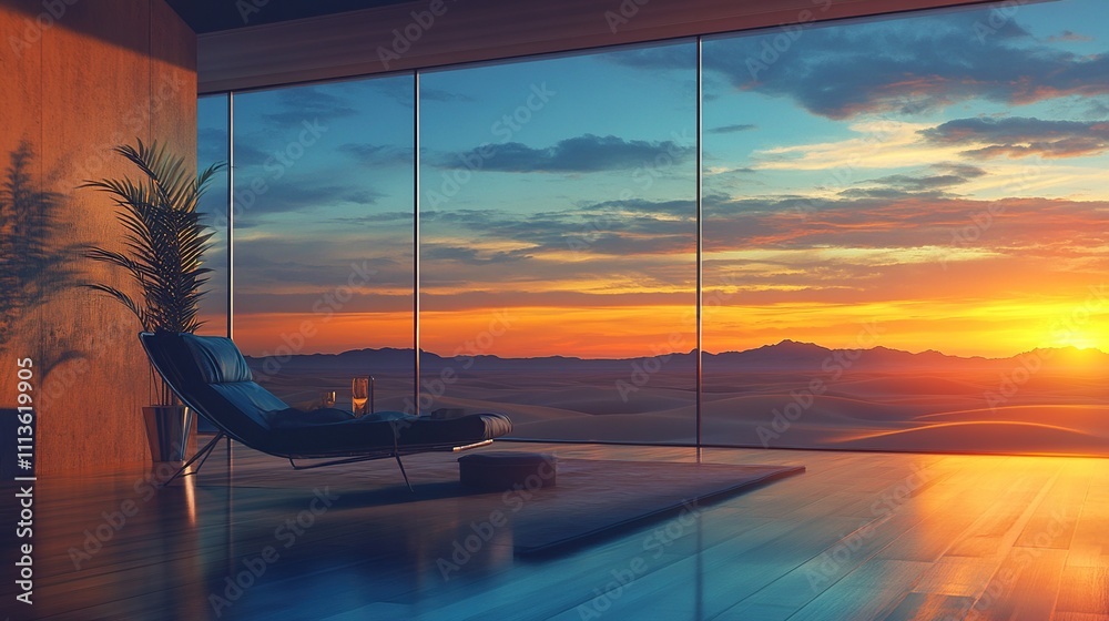 Obraz premium Sunset view from modern room with chaise lounge.