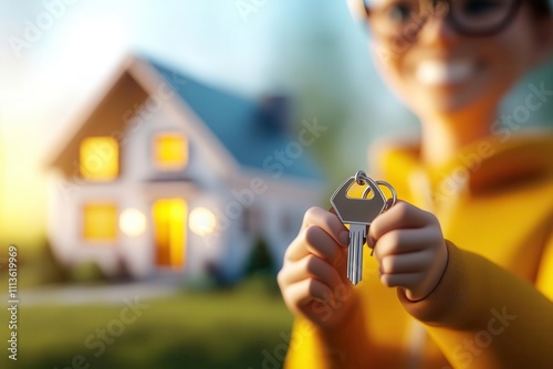 3D model of person holding keys in front of house, symbolizing home
