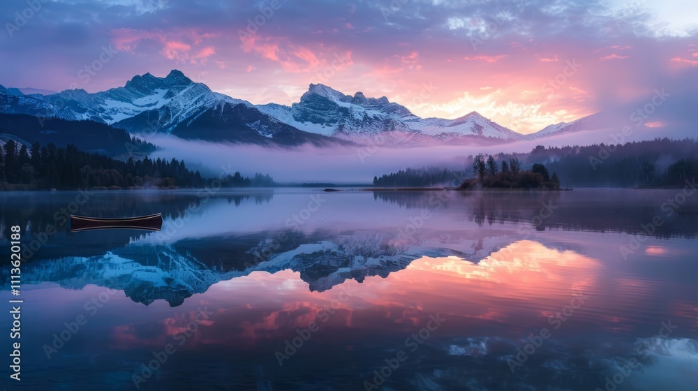 Obraz premium Serene sunrise reflection over calm lake mountain landscape nature photography tranquil environment wide angle view scenic beauty