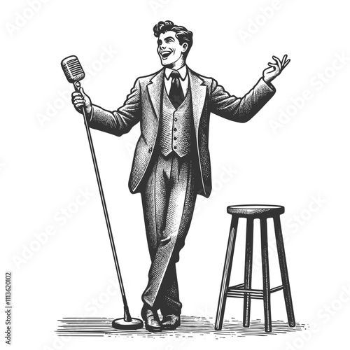 man in a suit performing stand-up comedy on stage, holding a classic microphone next to a stool sketch engraving generative ai vector illustration. Scratch board imitation. Black and white image.