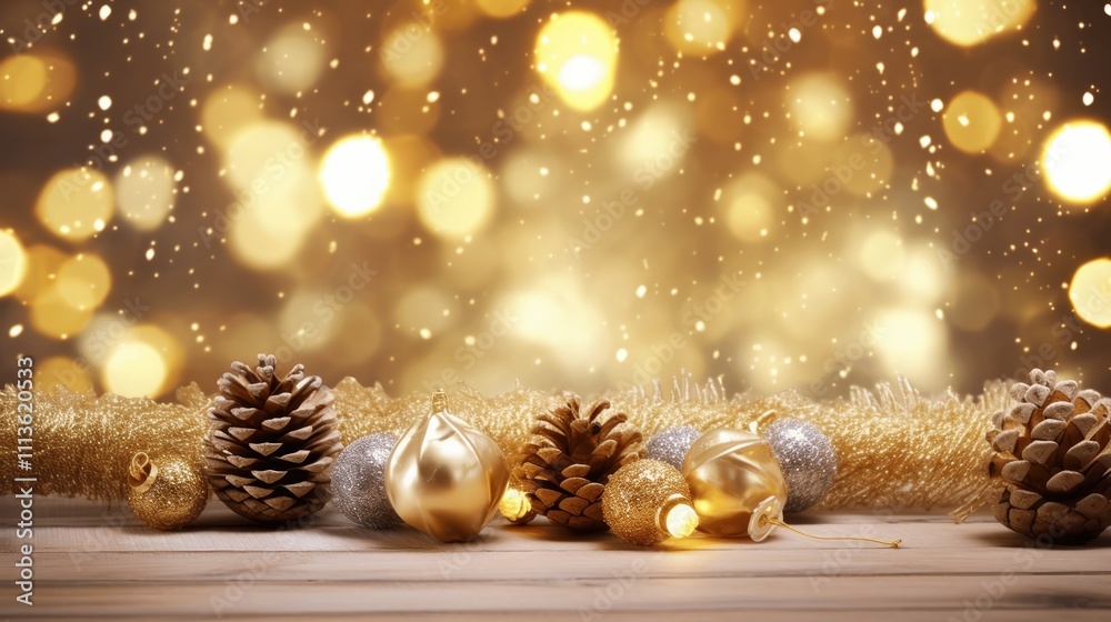 Obraz premium Beautiful Christmas Decor with Ornaments and Pine Cones on Wood