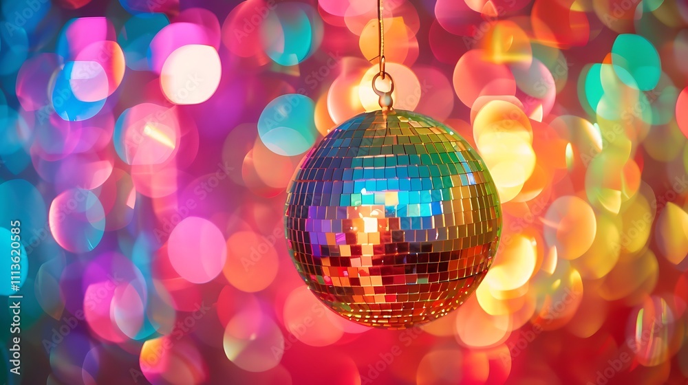 A shiny disco ball hanging against a colorful backdrop A shiny disco ball hanging against a colorful backdrop