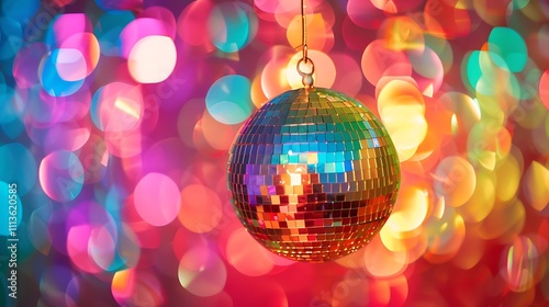 A shiny disco ball hanging against a colorful backdrop