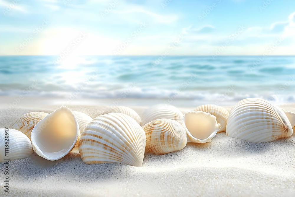 Seashells on Sandy Beach 3D Illustration Seashells on Sandy Beach 3D Illustration