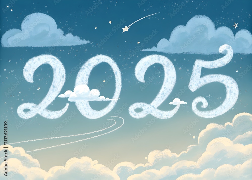 Whimsical Digital Illustration of the Year 2025 Featuring Fluffy Clouds and a Starry Sky, Perfect for Celebrating New Beginnings and Future Aspirations Whimsical Digital Illustration of the Year 2025 Featuring Fluffy Clouds and a Starry Sky, Perfect for Celebrating New Beginnings and Future Aspirations