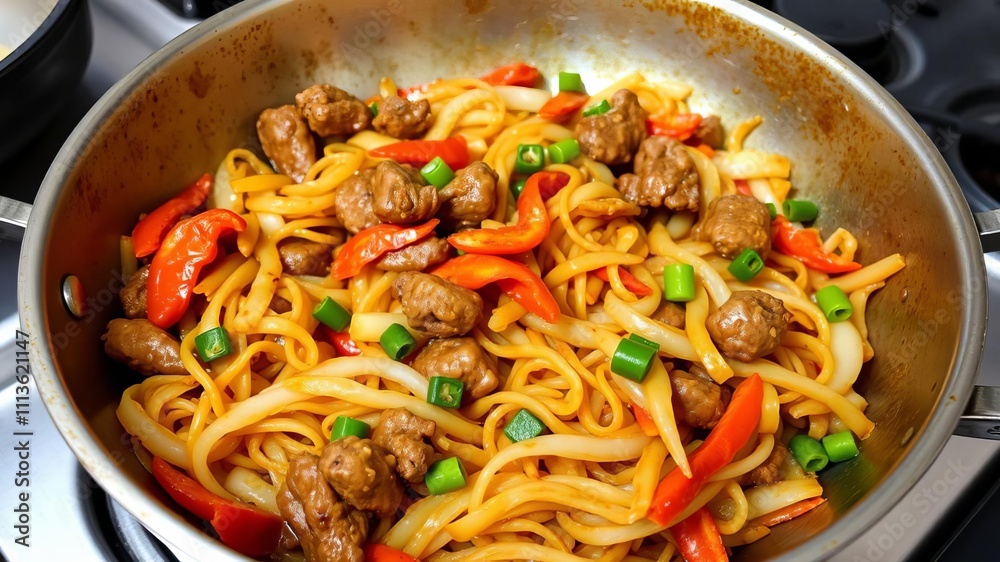 Asian stir fried noodles with beef, peppers, and onions in a large pan, showcasing a colorful and flavorful dish, peppers, pan Asian stir fried noodles with beef, peppers, and onions in a large pan, showcasing a colorful and flavorful dish, peppers, pan