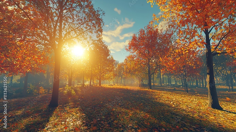 Fototapeta premium Beautiful autumn forest or park HDRI panorama with vibrant foliage
