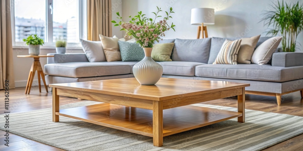Square wooden coffee table with a large vase as the focal point in a bright and modern living room Square wooden coffee table with a large vase as the focal point in a bright and modern living room
