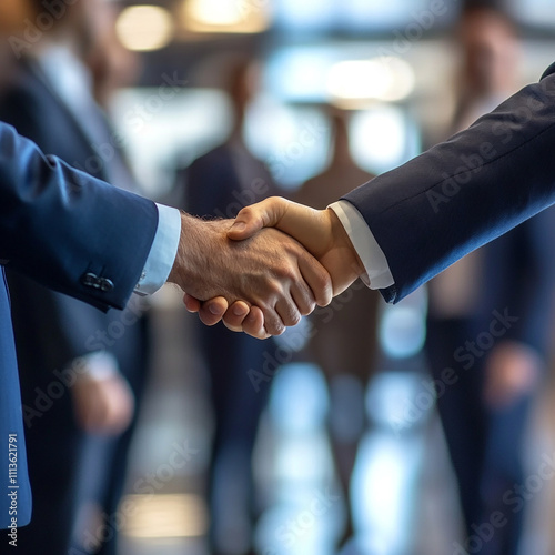 business people shaking hands in front of building