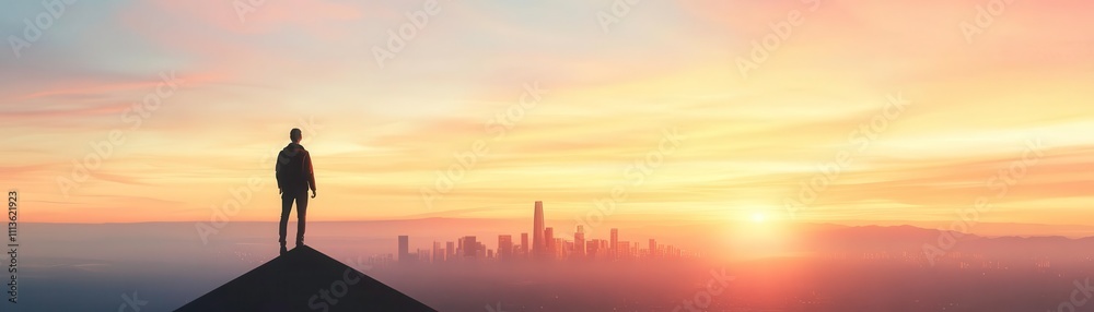 Obraz premium person standing atop tall building, overlooking city skyline at sunset