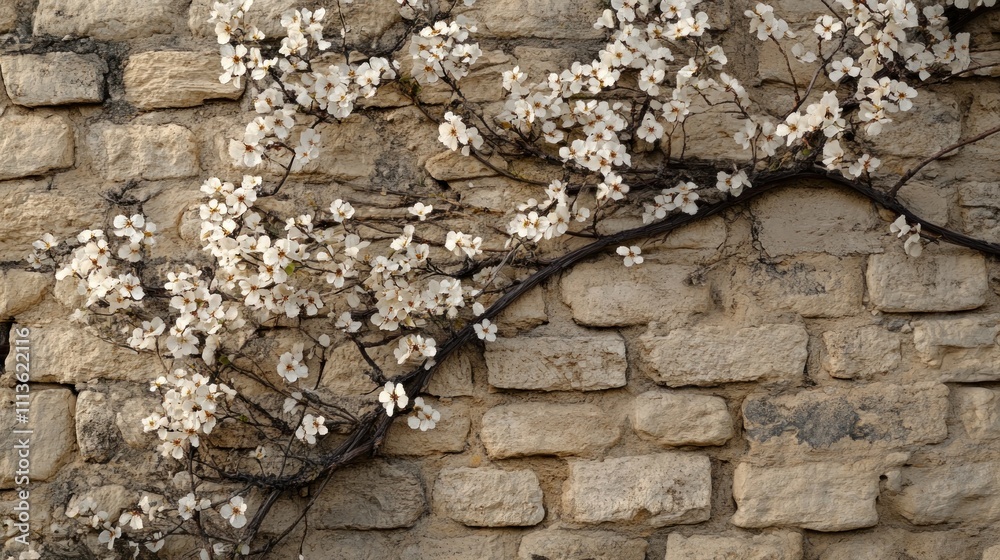 Fototapeta premium White Blossoms Climbing A Stone Wall
