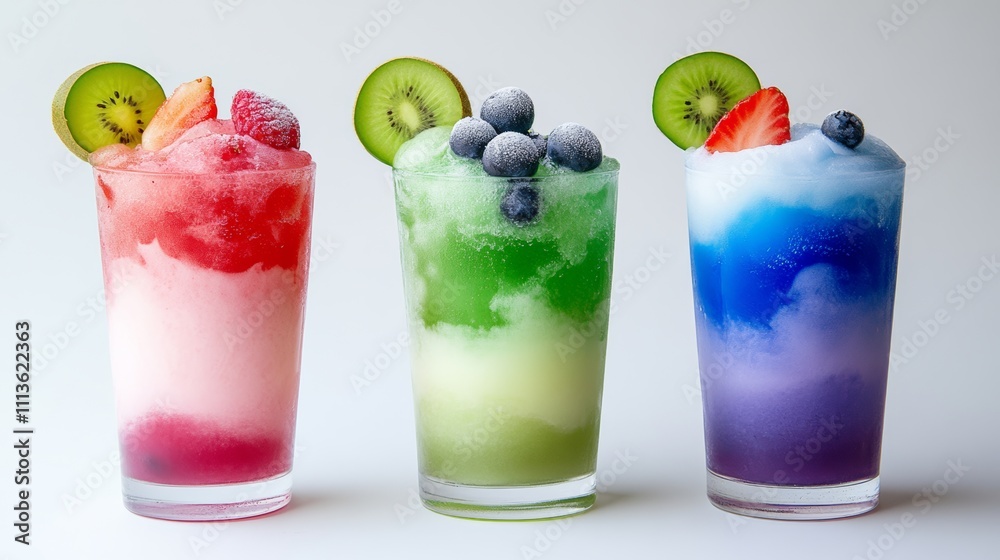Three colorful drinks in glasses with a slice of kiwi on top. The drinks are pink, green, and blue Three colorful drinks in glasses with a slice of kiwi on top. The drinks are pink, green, and blue