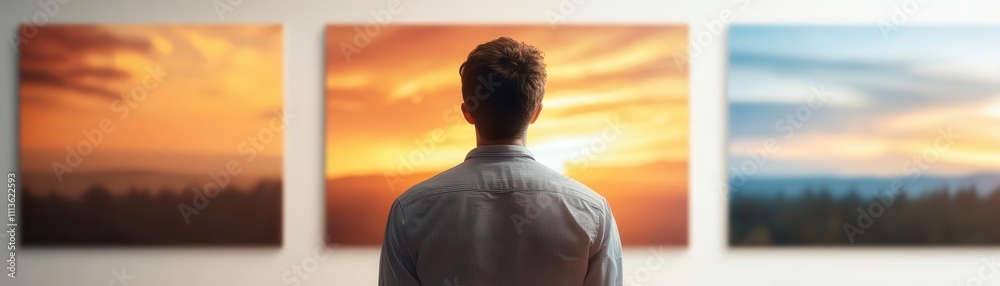 man admiring beautiful landscape paintings in art gallery