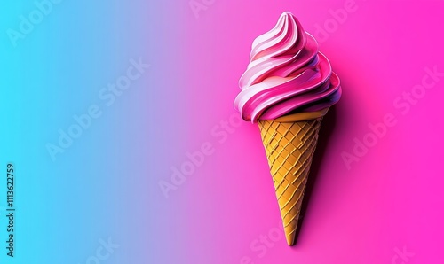 Pink and white ice cream cone is sitting on a pink background. The cone is made of ice and has a yellow base. The pink background gives the image a fun and playful mood photo