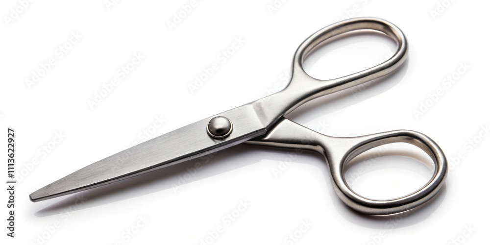 Close-up photo of a pair of silver scissors on a white background, sharp, tool, shears, cutting, metal, silver Close-up photo of a pair of silver scissors on a white background, sharp, tool, shears, cutting, metal, silver
