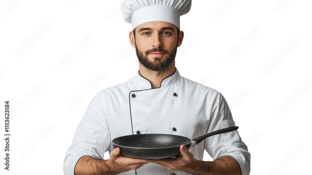 A skilled chef stands proudly in a bright kitchen, wearing a classic white uniform and a tall hat. With a frying pan in hand, he poised for culinary creativity, embodying the spirit of gastronomy A skilled chef stands proudly in a bright kitchen, wearing a classic white uniform and a tall hat. With a frying pan in hand, he poised for culinary creativity, embodying the spirit of gastronomy