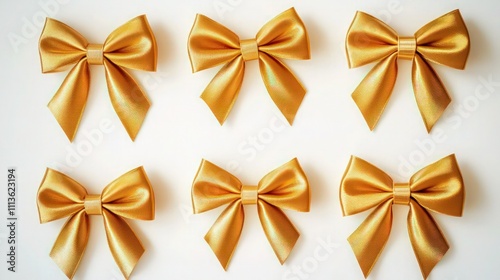 Six shiny golden satin bows arranged symmetrically on a clean white background perfect for gift wrapping advertising or design.
