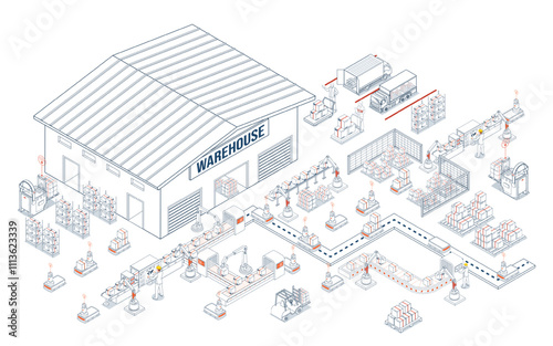 Smart Warehouse Management System with Warehouse simulation, Logistics flexibility, Robotic process automation and Accurate inventory counts. Vector illustration eps10